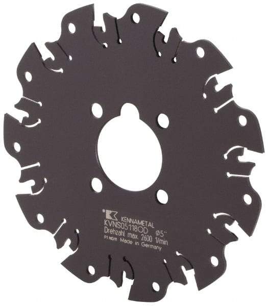 Kennametal - Arbor Hole Connection, 1/8" Cutting Width, 1-3/8" Depth of Cut, 5" Cutter Diam, 1-1/4" Hole Diam, 11 Tooth Indexable Slotting Cutter - KVNS Toolholder, OD 3118.. Insert - USA Tool & Supply