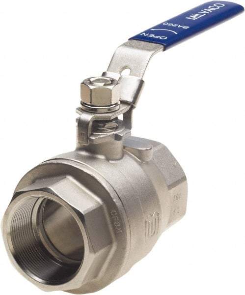 Milwaukee Valve - 3/4" Pipe, Full Port, Stainless Steel Standard Ball Valve - 2 Piece, Threaded (NPT) Ends, Locking Lever Handle, 1,000 WOG, 150 WSP - USA Tool & Supply