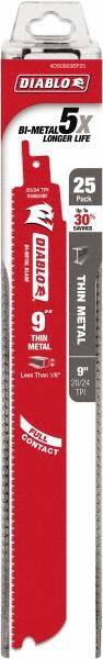 Freud - 9" Long x 1" Thick, Bi-Metal Reciprocating Saw Blade - Straight Profile, 20 to 24 TPI, Toothed Edge, Tang Shank - USA Tool & Supply