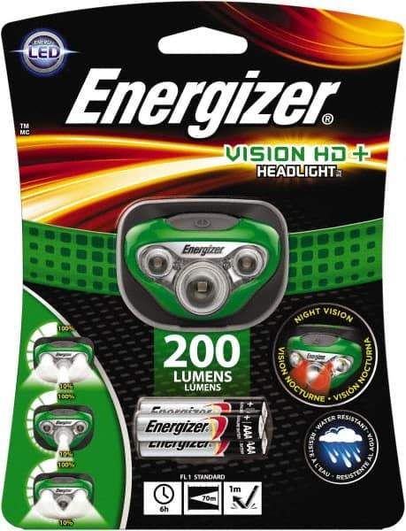 Energizer - White, Red LED Bulb, 200 Lumens, Hands-free Flashlight - Green Plastic Body, 3 AAA Alkaline Batteries Included - USA Tool & Supply