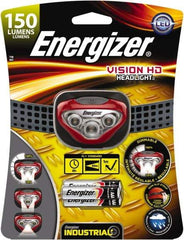 Energizer - White LED Bulb, 180 Lumens, Hands-free Flashlight - Red, Gray Plastic Body, 3 AAA Alkaline Batteries Included - USA Tool & Supply