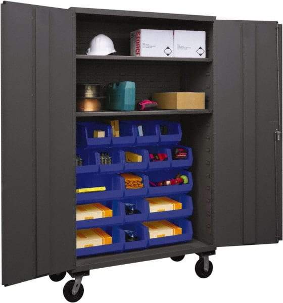 Durham - 2 Shelf 18 Bin Mobile Storage Cabinet - Steel, 48" Wide x 24" Deep x 80" High, Blue - USA Tool & Supply