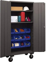 Durham - 2 Shelf 12 Bin Mobile Storage Cabinet - Steel, 36" Wide x 24" Deep x 80" High, Blue - USA Tool & Supply