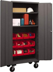 Durham - 2 Shelf 12 Bin Mobile Storage Cabinet - Steel, 36" Wide x 24" Deep x 80" High, Red - USA Tool & Supply