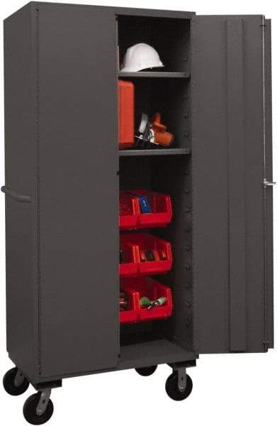 Durham - 2 Shelf 12 Bin Mobile Storage Cabinet - Steel, 36" Wide x 24" Deep x 80" High, Red - USA Tool & Supply