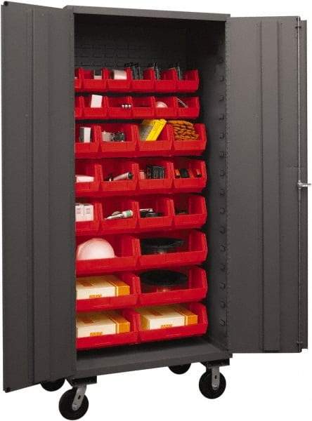 Durham - 30 Bin Mobile Storage Cabinet - Steel, 36" Wide x 24" Deep x 80" High, Red - USA Tool & Supply