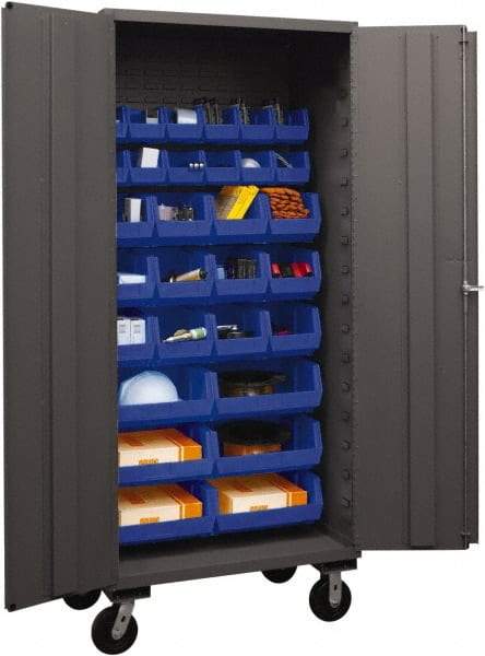 Durham - 30 Bin Mobile Storage Cabinet - Steel, 36" Wide x 24" Deep x 80" High, Blue - USA Tool & Supply