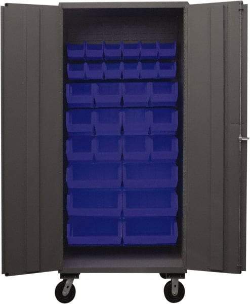 Durham - 30 Bin Mobile Storage Cabinet - Steel, 36" Wide x 24" Deep x 80" High, Blue - USA Tool & Supply