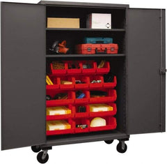 Durham - 2 Shelf 18 Bin Mobile Storage Cabinet - Steel, 48" Wide x 24" Deep x 80" High, Red - USA Tool & Supply