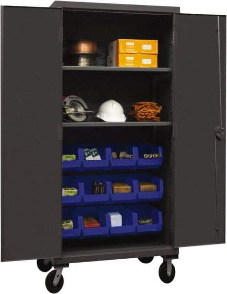 Durham - 2 Shelf 12 Bin Mobile Storage Cabinet - Steel, 36" Wide x 24" Deep x 80" High, Blue - USA Tool & Supply