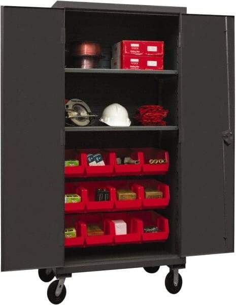 Durham - 2 Shelf 12 Bin Mobile Storage Cabinet - Steel, 36" Wide x 24" Deep x 80" High, Red - USA Tool & Supply