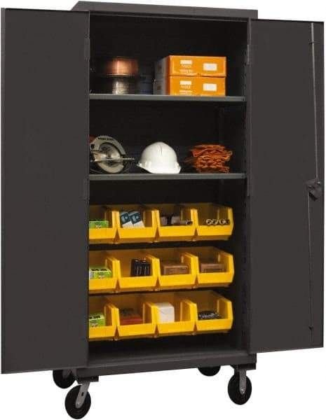 Durham - 2 Shelf 12 Bin Mobile Storage Cabinet - Steel, 36" Wide x 24" Deep x 80" High, Yellow - USA Tool & Supply