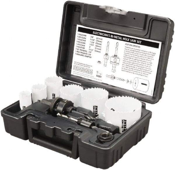 Disston - 9 Piece, 7/8" to 2-1/2" Saw Diam, Electrician's Hole Saw Kit - Bi-Metal, Toothed Edge, Pilot Drill Model No. E0102457, Includes 6 Hole Saws - USA Tool & Supply