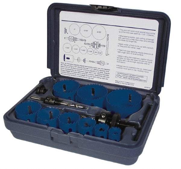 Disston - 9 Piece, 7/8" to 1-3/4" Saw Diam, Lockset Hole Saw Kit - Bi-Metal, Toothed Edge, Pilot Drill Model No. E0102457, Includes 6 Hole Saws - USA Tool & Supply