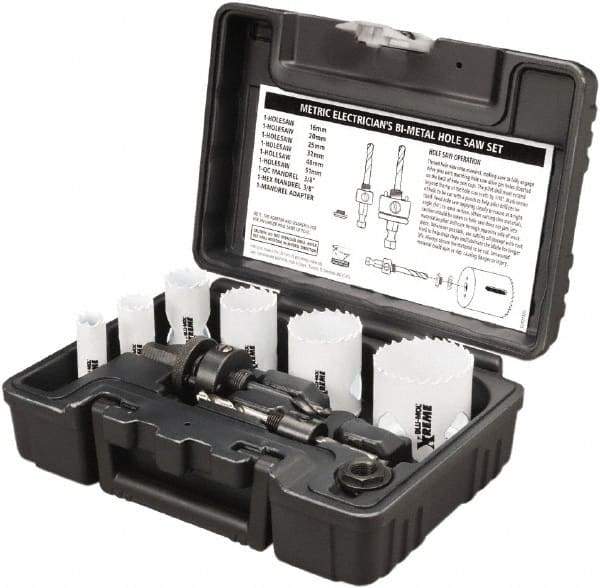 Disston - 9 Piece, 16mm to 51" Saw Diam, Electrician's Hole Saw Kit - Bi-Metal, Toothed Edge, Pilot Drill Model No. E0102457, Includes 6 Hole Saws - USA Tool & Supply