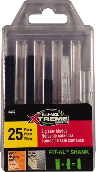 Disston - 25 Piece, 2-3/4" to 3-1/2" Long, 6 to 18 Teeth per Inch, Carbon and Bi-Metal Jig Saw Blade Set - Toothed Edge, U-Shank - USA Tool & Supply