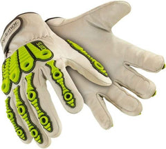 HexArmor - Size L (9), ANSI Cut Level A8, Puncture Level 4, Abrasion Level 4, Goatskin Leather Cut & Puncture Resistant Gloves - 9-1/2" Long, Uncoated Leather, Hook & Loop Cuffs, White/High Visibility Yellow, Paired - USA Tool & Supply
