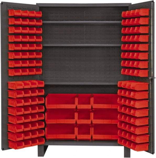 Durham - 3 Shelf 137 Bin Storage Cabinet - Steel, 48" Wide x 24" Deep x 78" High, Red - USA Tool & Supply