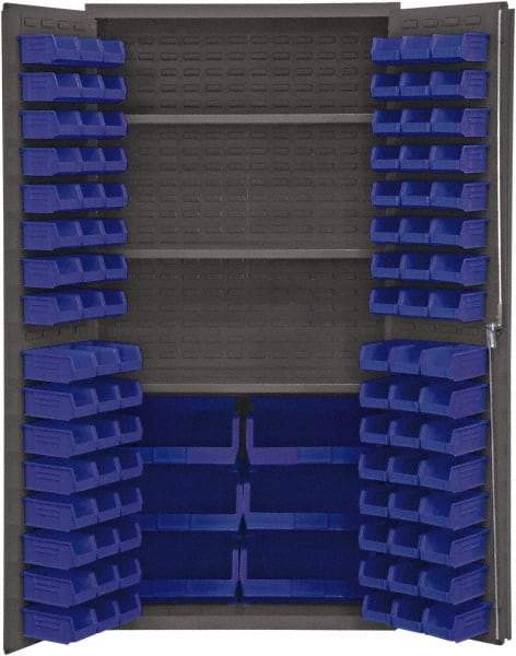 Durham - 3 Shelf 102 Bin Storage Cabinet - Steel, 36" Wide x 24" Deep x 72" High, Blue - USA Tool & Supply