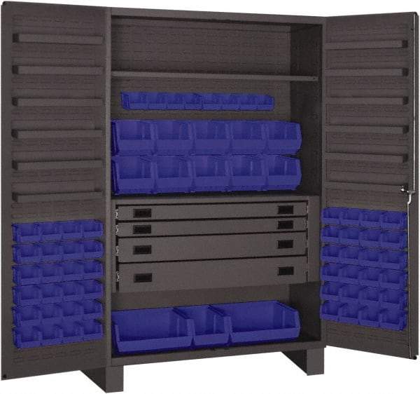 Durham - 2 Shelf 69 Bin Storage Cabinet - Steel, 48" Wide x 24" Deep x 78" High, Blue - USA Tool & Supply