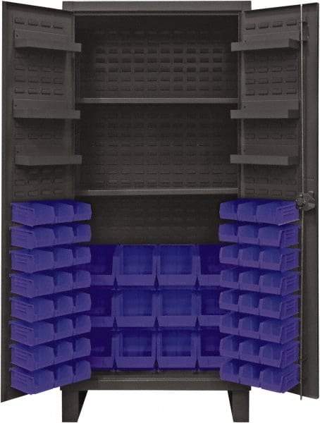 Durham - 2 Shelf 60 Bin Storage Cabinet - Steel, 36" Wide x 24" Deep x 78" High, Blue - USA Tool & Supply