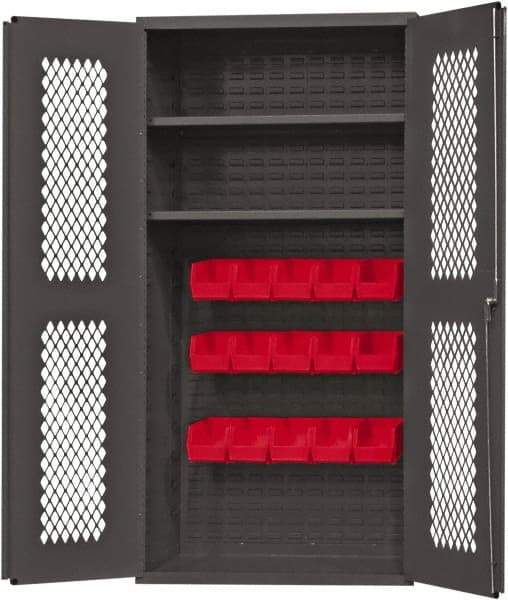 Durham - 2 Shelf 15 Bin Storage Cabinet - Steel, 36" Wide x 24" Deep x 72" High, Red - USA Tool & Supply
