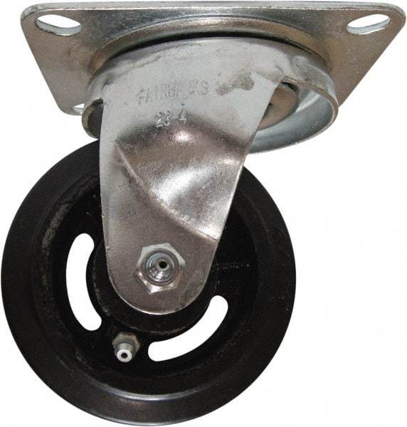 Fairbanks - 4" Diam x 1-1/2" Wide x 5-1/4" OAH Top Plate Mount Swivel Caster - Mold on Rubber, 200 Lb Capacity, Roller Bearing, 4 x 5" Plate - USA Tool & Supply