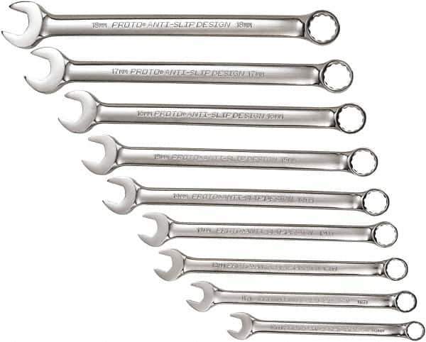 Proto - 9 Piece, 10mm to 18mm, 12 Point Combination Wrench Set - Metric Measurement Standard, Full Polish Chrome Finish, Comes in Tool Roll - USA Tool & Supply