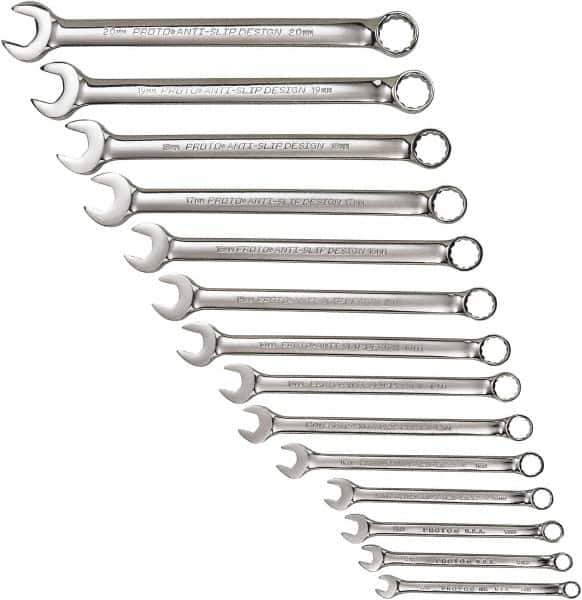 Proto - 14 Piece, 7mm to 20mm, 12 Point Combination Wrench Set - Metric Measurement Standard, Full Polish Chrome Finish, Comes in Tool Roll - USA Tool & Supply