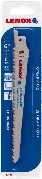 Lenox - 6" Long x 3/4" Thick, Bi-Metal Reciprocating Saw Blade - Straight Profile, 6 TPI, Toothed Edge - USA Tool & Supply