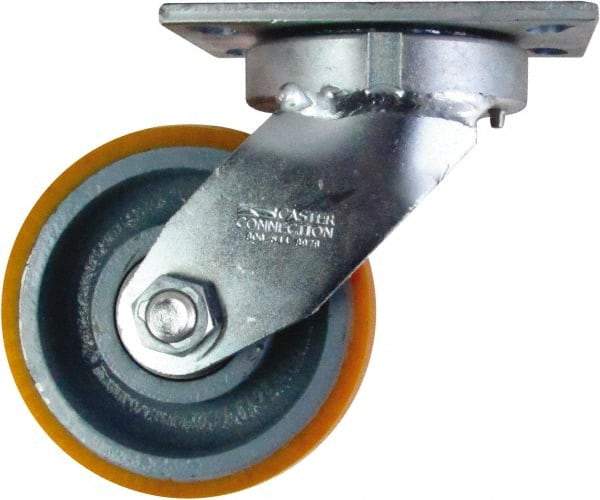 Caster Connection - 6" Diam x 3" Wide x 7-1/2" OAH Top Plate Mount Swivel Caster - Polyurethane on Iron, 2,300 Lb Capacity, Sealed Precision Ball Bearing, 4-1/2 x 6-1/4" Plate - USA Tool & Supply