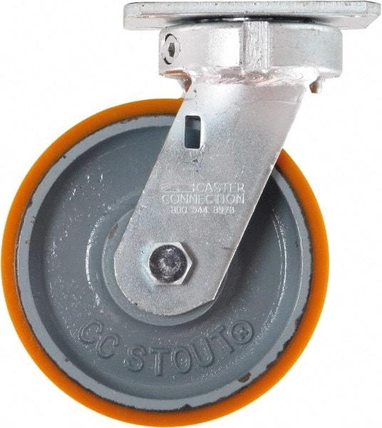 Caster Connection - 6" Diam x 2" Wide x 7-1/2" OAH Top Plate Mount Swivel Caster - Polyurethane on Iron, 1,250 Lb Capacity, Sealed Precision Ball Bearing, 4 x 4-1/2" Plate - USA Tool & Supply