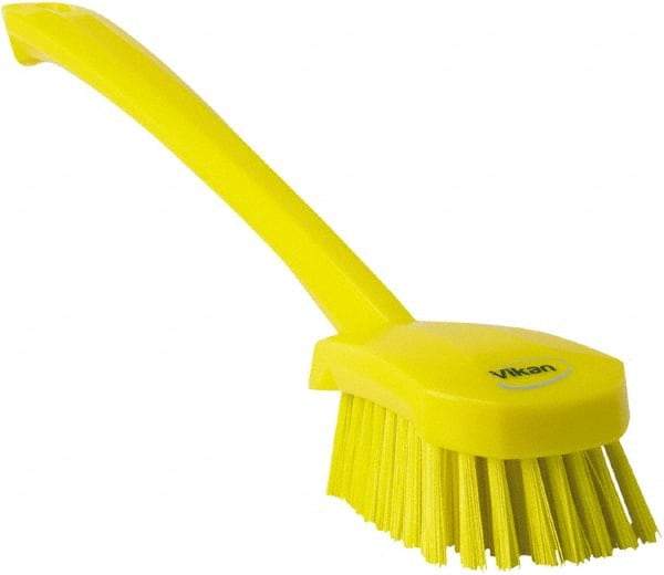 Vikan - 1.3" Bristle Length, Polyester Scrub Brush - 4" Long x 2-3/4" Wide Head, 15-3/4" OAL, Yellow, Polypropylene Block - USA Tool & Supply