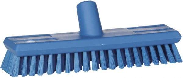 Vikan - 1.3" Bristle Length, Polyester Scrub Brush - 10-3/4" Long x 2-1/2" Wide Head, 11" OAL, European Threaded Handle, Blue, Polypropylene Block - USA Tool & Supply