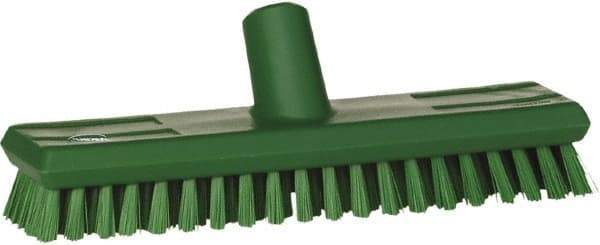 Vikan - 1" Bristle Length, Polyester Scrub Brush - 10-5/8" Long x 2-1/2" Wide Head, 11" OAL, European Threaded Handle, Green, Polypropylene Block - USA Tool & Supply