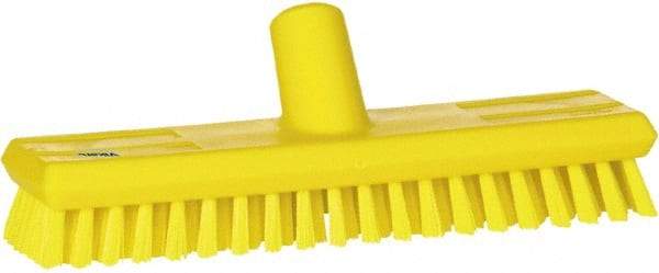 Vikan - 1" Bristle Length, Polyester Scrub Brush - 10-5/8" Long x 2-1/2" Wide Head, 11" OAL, European Threaded Handle, Yellow, Polypropylene Block - USA Tool & Supply