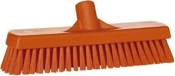 Vikan - 1.7" Bristle Length, Polyester Scrub Brush - 11-1/4" Long x 3" Wide Head, 12" OAL, European Threaded Handle, Orange, Polypropylene Block - USA Tool & Supply