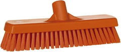 Vikan - 1.7" Bristle Length, Polyester Scrub Brush - 11-1/4" Long x 3" Wide Head, 12" OAL, European Threaded Handle, Orange, Polypropylene Block - USA Tool & Supply