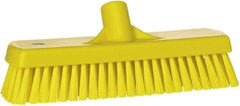 Vikan - 1.7" Bristle Length, Polyester Scrub Brush - 11-1/4" Long x 3" Wide Head, 12" OAL, European Threaded Handle, Yellow, Polypropylene Block - USA Tool & Supply