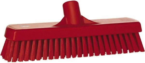 Vikan - 1.7" Bristle Length, Polyester Scrub Brush - 11-1/4" Long x 3" Wide Head, 12" OAL, European Threaded Handle, Red, Polypropylene Block - USA Tool & Supply