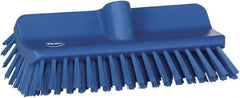 Vikan - 1-1/2" Bristle Length, Polyester Cleaning & Finishing Brush - 9-5/8" Long x 5" Wide Head, 10" OAL, European Threaded Handle, Blue, Polypropylene Block - USA Tool & Supply