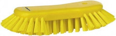 Vikan - 1.3" Bristle Length, Polyester Utility Scrub Brush - 7-3/4" Long x 3" Wide Head, 8" OAL, European Threaded Handle, Yellow, Polypropylene Block - USA Tool & Supply