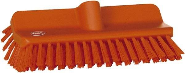 Vikan - 1-1/2" Bristle Length, Polyester Cleaning & Finishing Brush - 9-5/8" Long x 5" Wide Head, 10" OAL, European Threaded Handle, Orange, Polypropylene Block - USA Tool & Supply