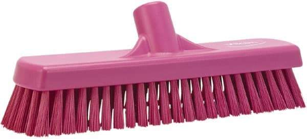 Vikan - 1.7" Bristle Length, Polyester Scrub Brush - 11-1/4" Long x 3" Wide Head, 12" OAL, European Threaded Handle, Pink, Polypropylene Block - USA Tool & Supply