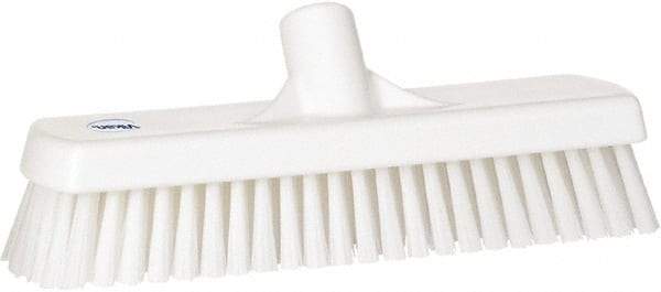 Vikan - 1.7" Bristle Length, Polyester Scrub Brush - 11-1/4" Long x 3" Wide Head, 12" OAL, European Threaded Handle, White, Polypropylene Block - USA Tool & Supply