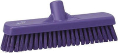 Vikan - 1.7" Bristle Length, Polyester Scrub Brush - 11-1/4" Long x 3" Wide Head, 12" OAL, European Threaded Handle, Purple, Polypropylene Block - USA Tool & Supply