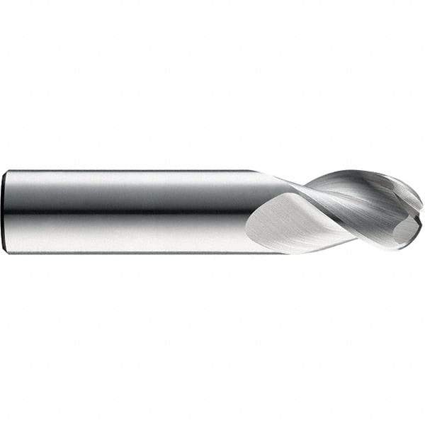 SGS - 3mm Diam, 5mm LOC, 3 Flute Solid Carbide Ball End Mill - TiB2 Finish, Single End, 57mm OAL, 3mm Shank Diam, Spiral Flute - USA Tool & Supply