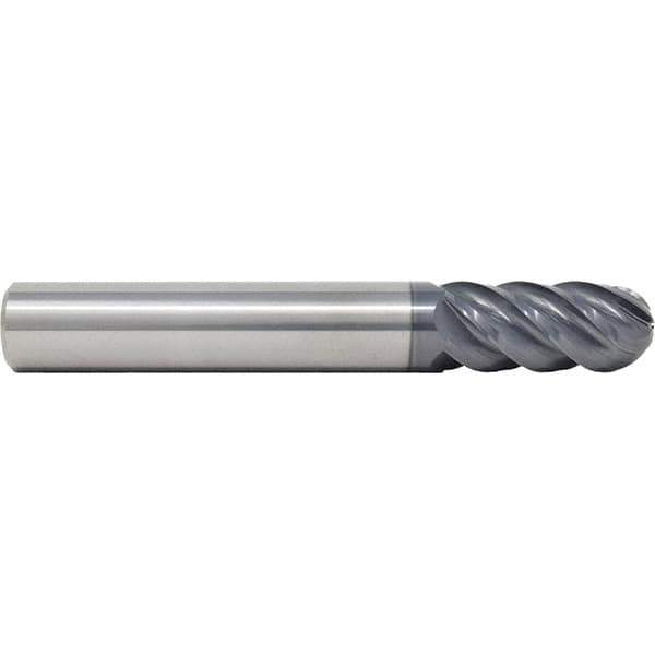 SGS - 8mm Diam, 19mm LOC, 5 Flute Solid Carbide Ball End Mill - AlTiN Finish, Single End, 63mm OAL, 8mm Shank Diam, Spiral Flute - USA Tool & Supply