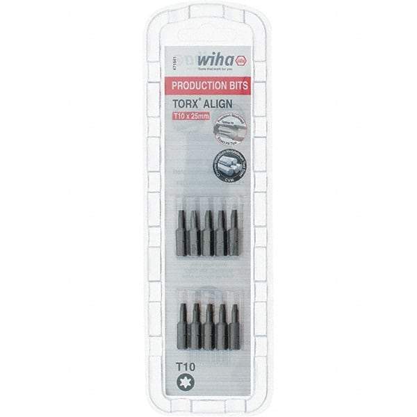 Wiha - 1/4" Drive T10 Torx Screwdriver Bit - 1" OAL, Insert Bit - USA Tool & Supply