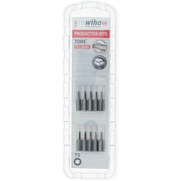 Wiha - 1/4" Drive T5 Torx Screwdriver Bit - 1" OAL, Insert Bit - USA Tool & Supply